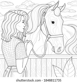 Hakuun girl horse anti stress coloring book liittyvã vektorikuva rojaltivapaa
