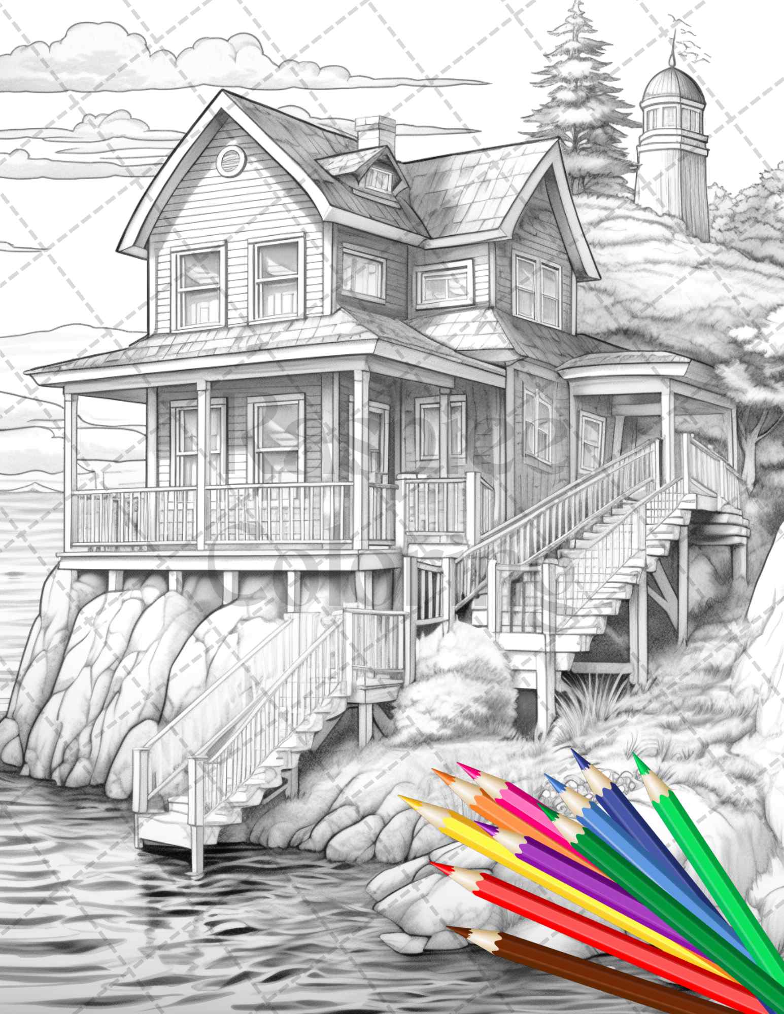 Wooden beach houses grayscale coloring pages printable for adults â coloring