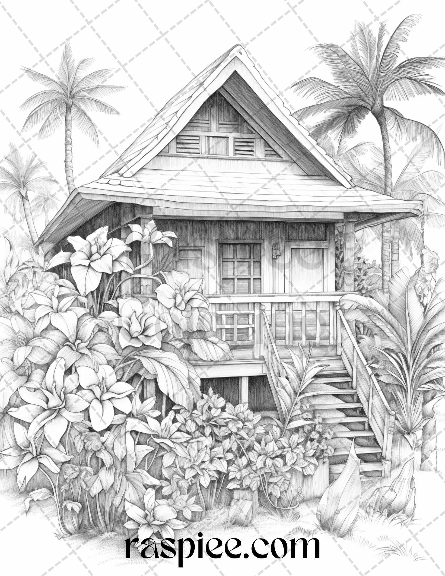 Hawaii tiki houses grayscale coloring pages printable for adults p â coloring