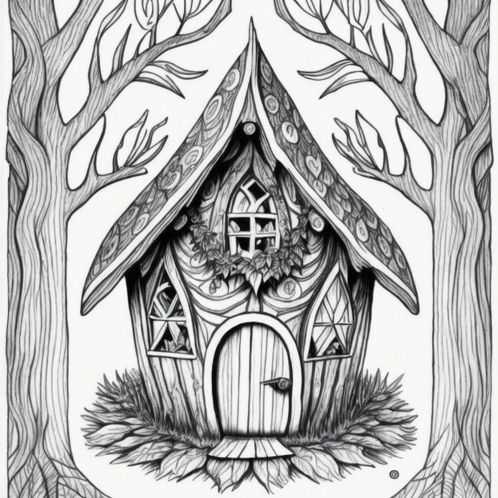A realistic dark illustration of coloring page of a fry house in a tree flash photography masterpiece drawing good quality intricate detls color saturation colorful nipples big tits cropped mutant scary
