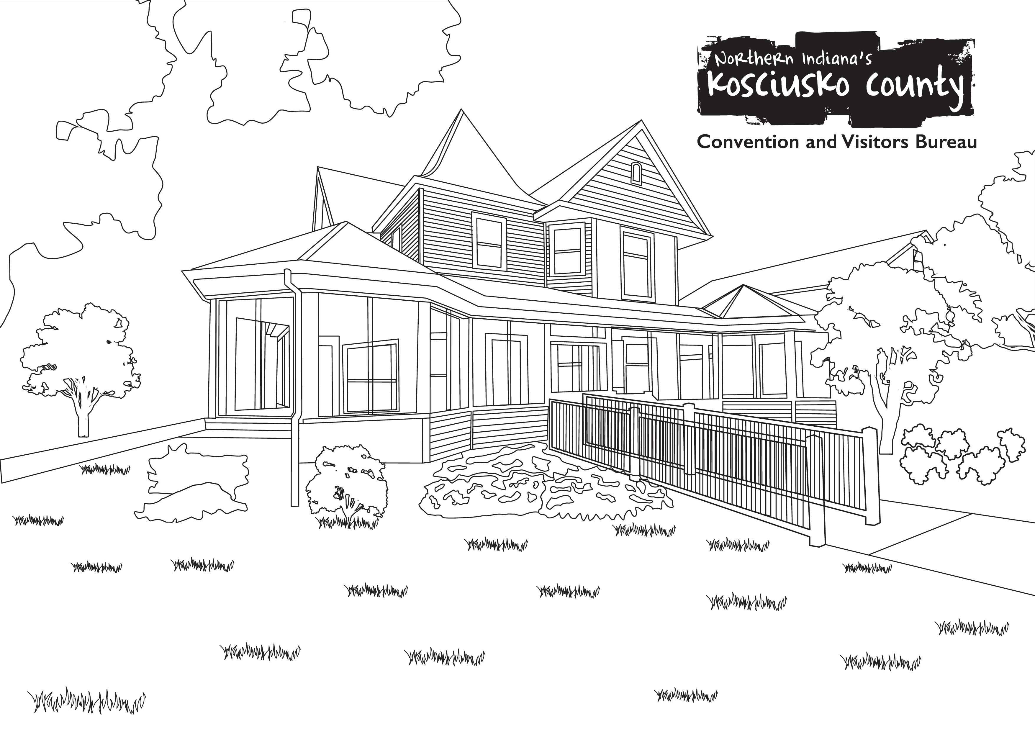 Draw home house building into coloring book page line art by indielearn
