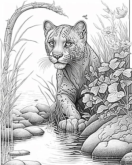 Premium vector a black and white drawing of a jaguar by person