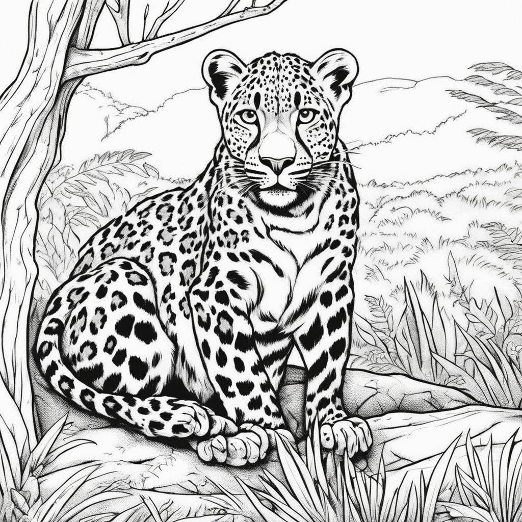 Black and white line art drawing for a coloring book of a tiger in a jungle