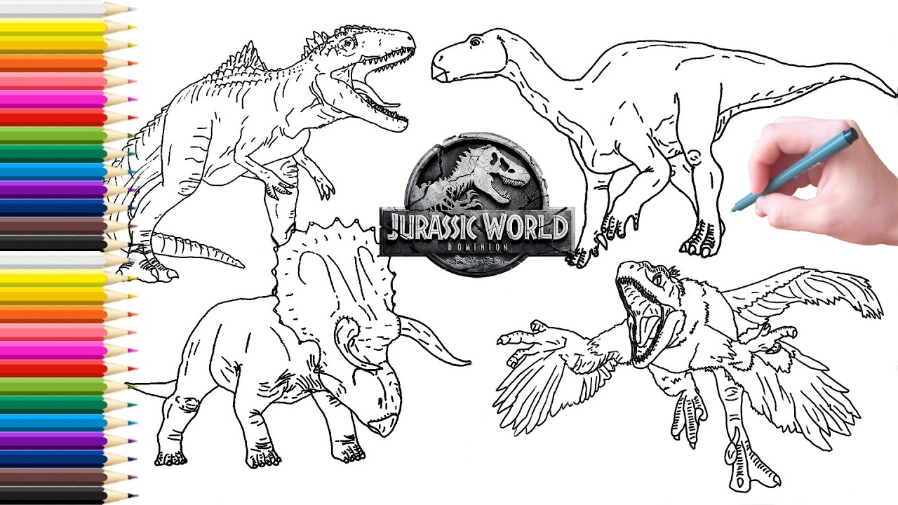 Drawing and coloring dinosaur collection fro jurassic world doinion
