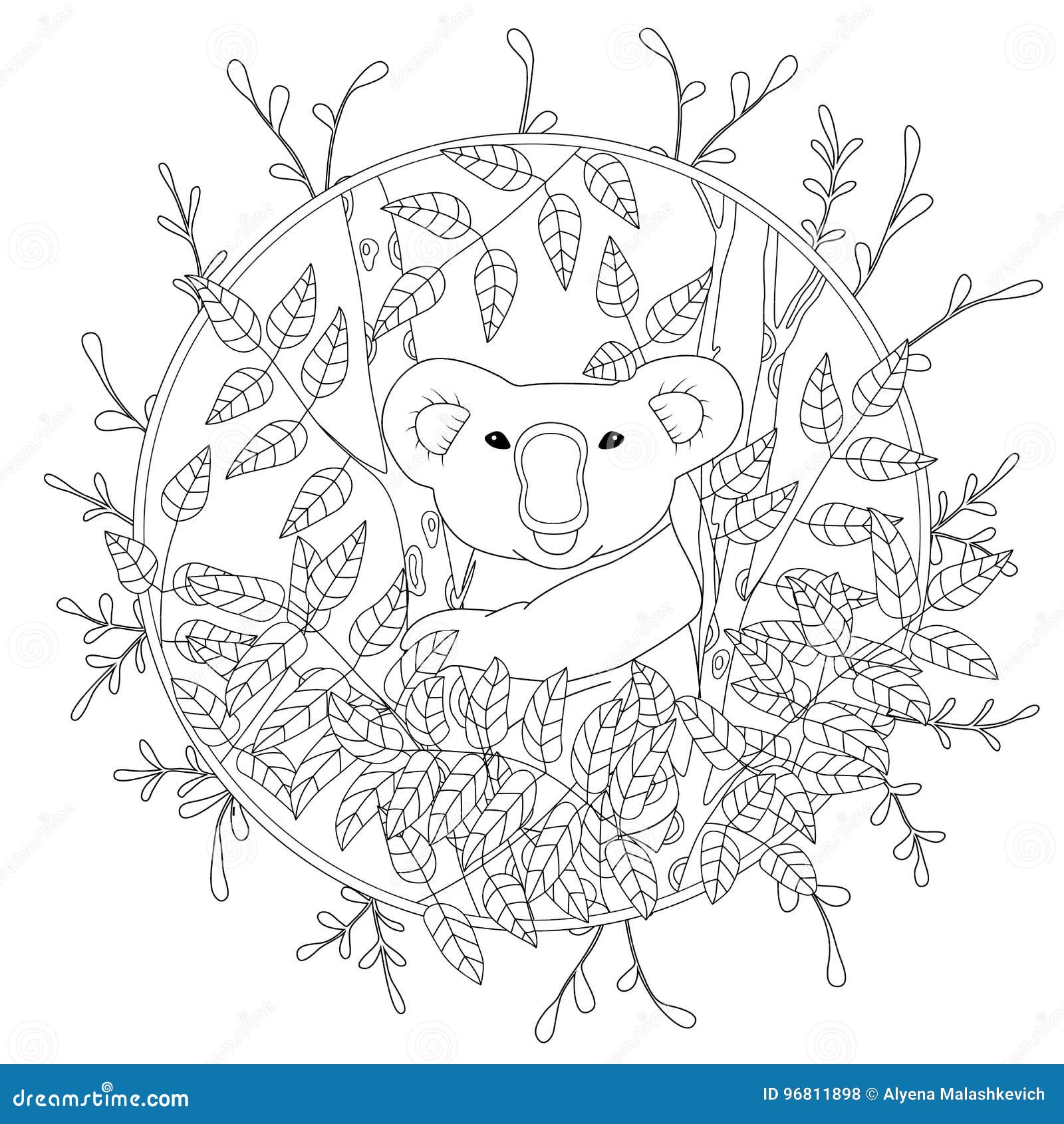 Cute vector coloring page with koala climbing on the eucalyptus tree illustration in color hand drawn in realistic stock vector