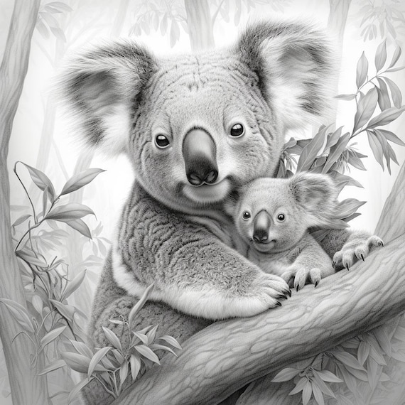 Greyscale koala printable coloring page printable adult coloring page download greyscale wild animals illustration download now