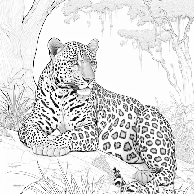 Premium ai image coloring pages of a leopard laying down in the jungle generative ai