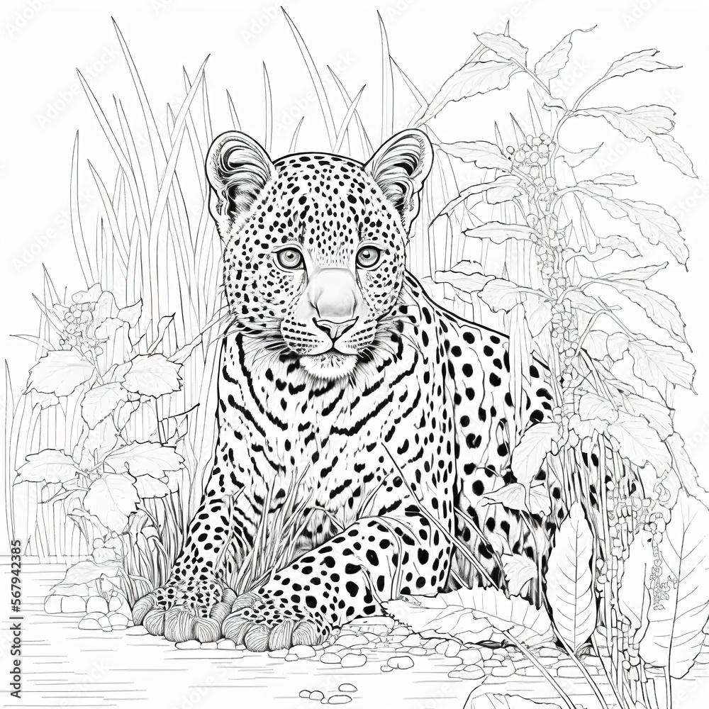 Coloring book page of a leopard black and white generative ai ilustraãão do