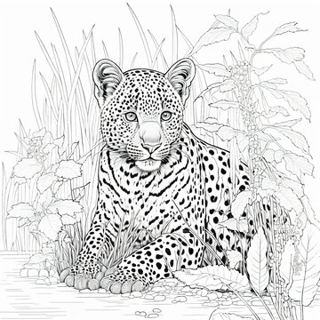 Coloring book page of a leopard black and white generative ai illustration