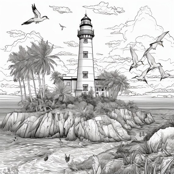 Florida keys lighthouse colorbook page coloring book for adults and children grayscale printable pdf coloring page instant download