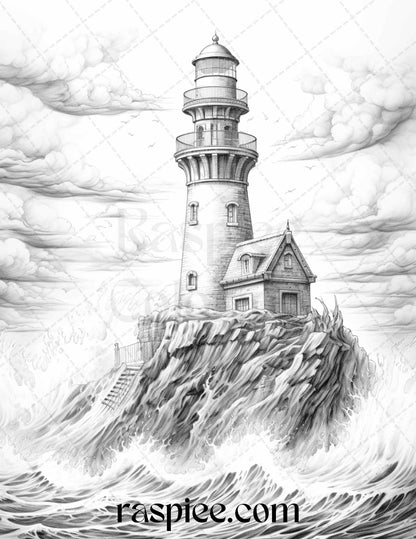Majestic lighthouses grayscale coloring pages printable for adults â coloring