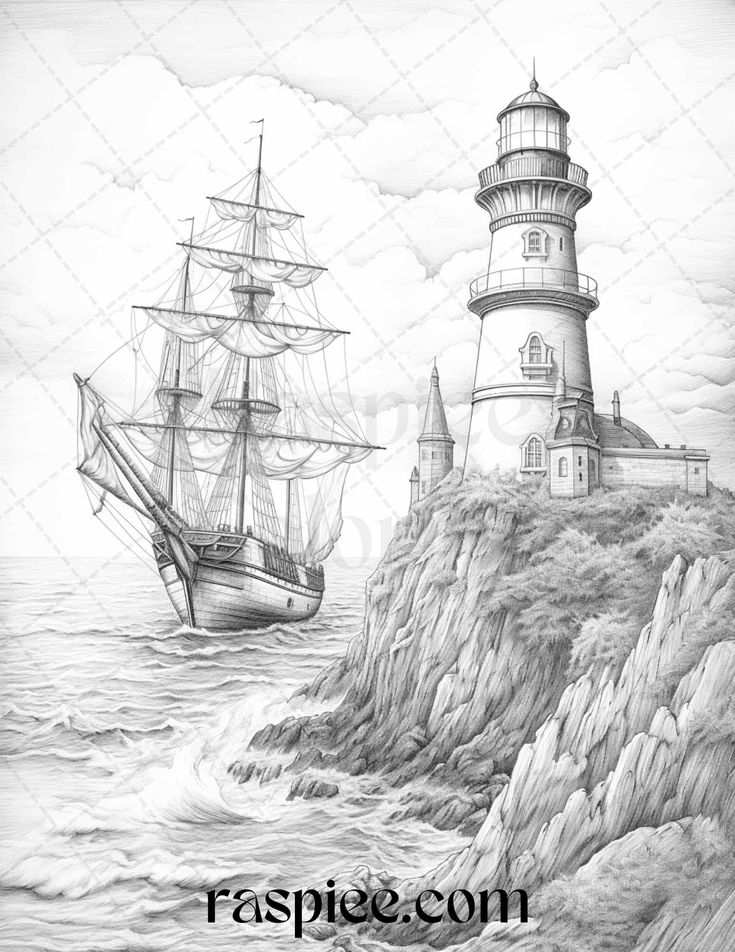 Majestic lighthouses grayscale coloring pages printable for adults grayscale coloring grayscale lighthouse