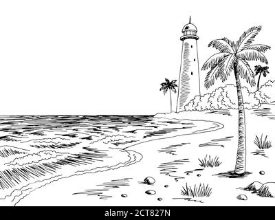 Lighthouse sea coast graphic black white landscape sketch illustration vector stock vector image art