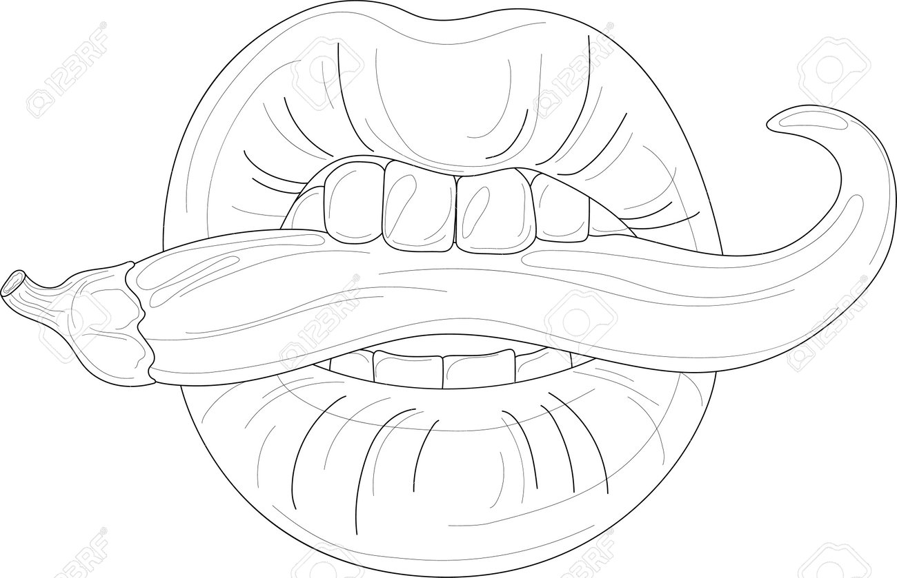 Realistic lips and hot pepper sketch template cartoon vector illustration in black and white for games background pattern wallpaper decor coloring paper page story book print for fabrics royalty free svg cliparts