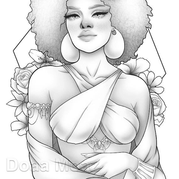 Printable coloring page fantasy character black girl portrait