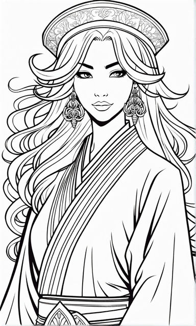 A black and white drawing of anime woman