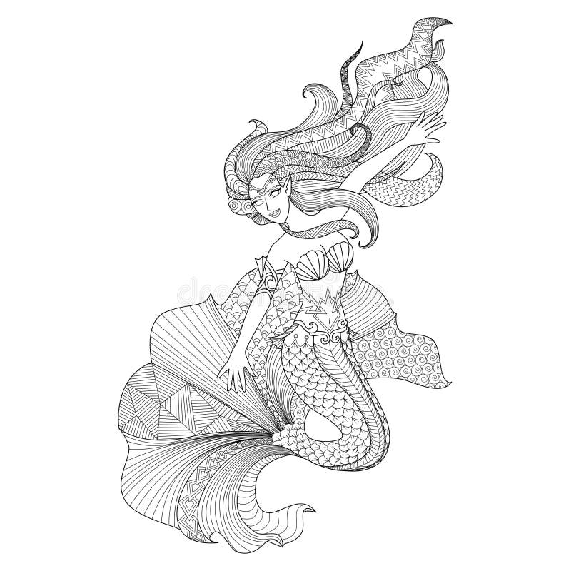 Detailed zentangle mermaid for coloring page stock vector