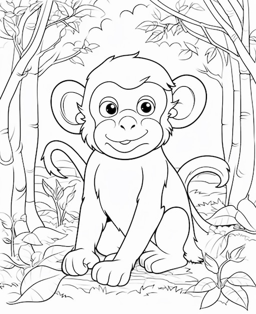 Premium ai image a coloring page of a monkey sitting in the jungle generative ai