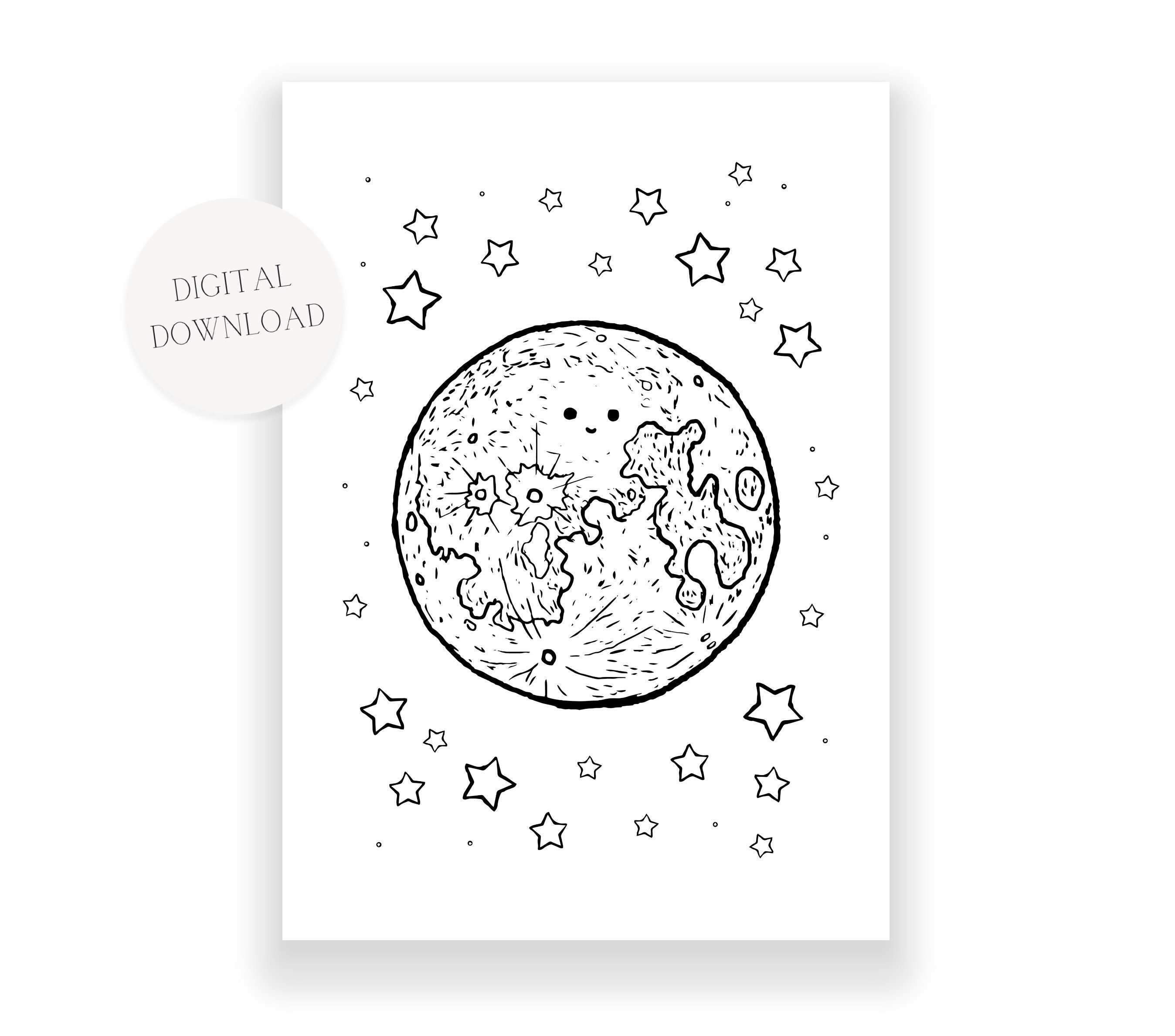 Full moon and stars colouring page digital file kids printable art activity