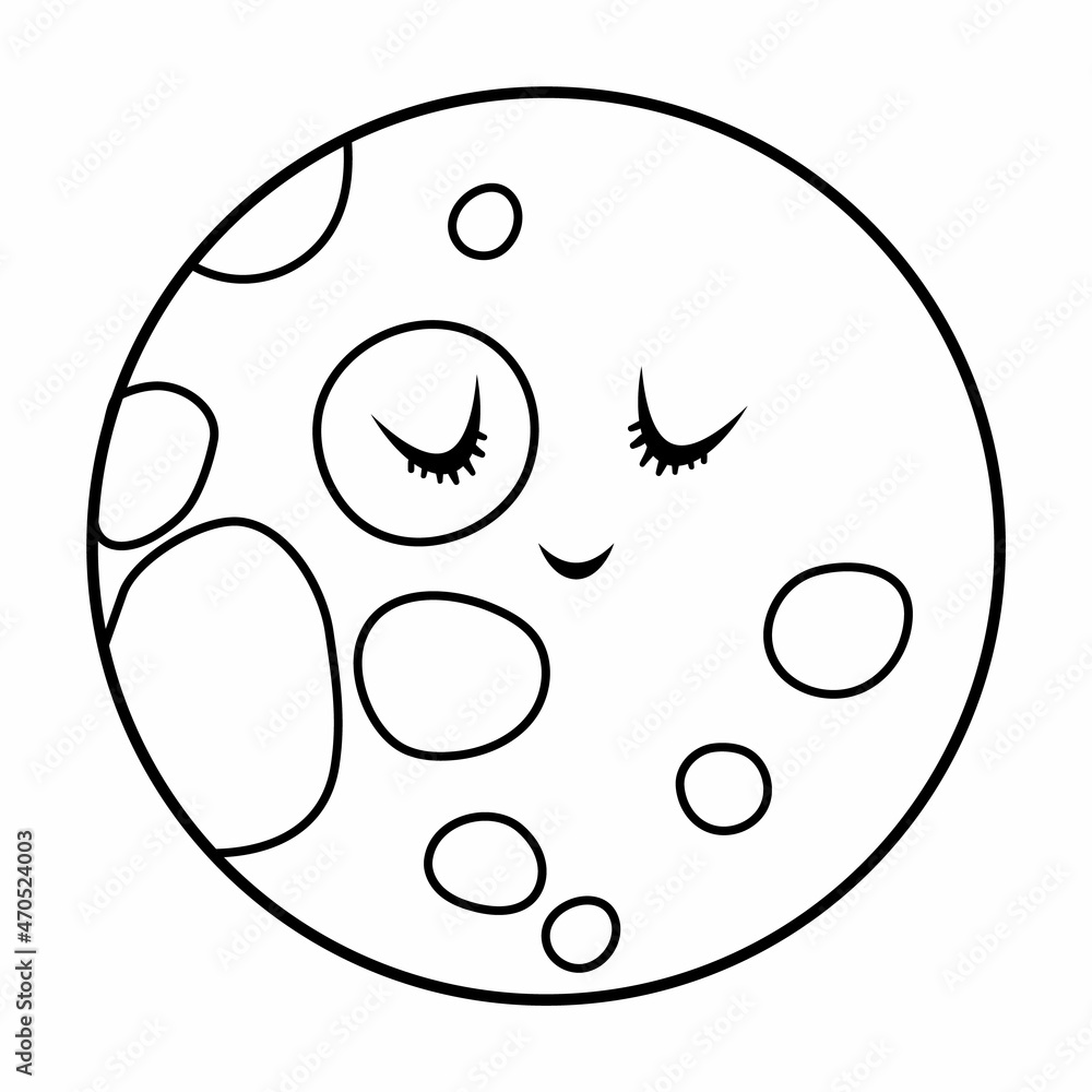 Vector black and white moon illustration for children outline smiling planet icon isolated on white background space coloring page for kids vector