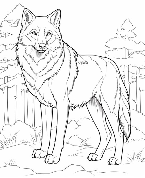 Premium ai image a coloring page of a wolf standing in the woods generative ai