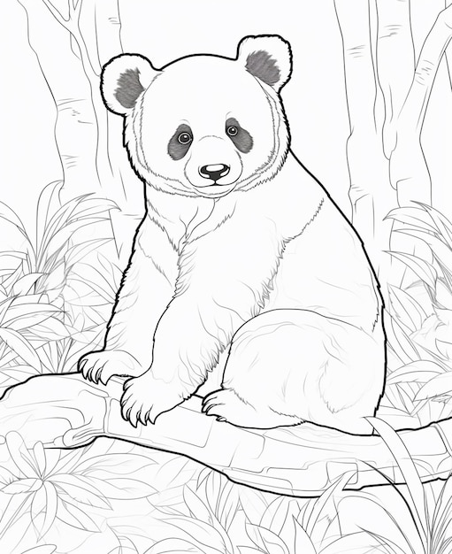 Premium ai image coloring pages of panda bear sitting on log in the woods generative ai