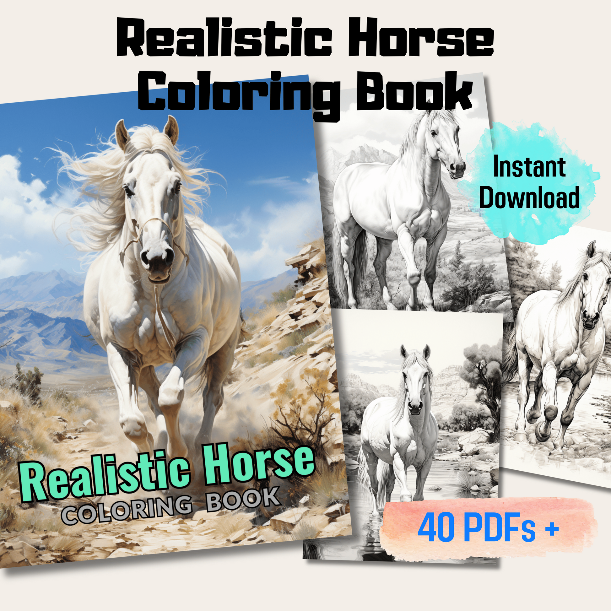 Pages realistic horses grayscale coloring book instant download p â funny print for you