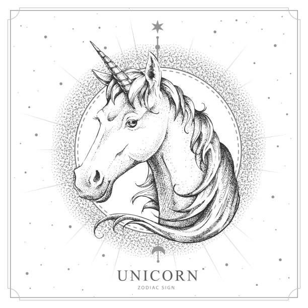 Modern magic witchcraft card with astrology unicorn zodiac sign realistic hand drawing horse or unicorn head stock illustration