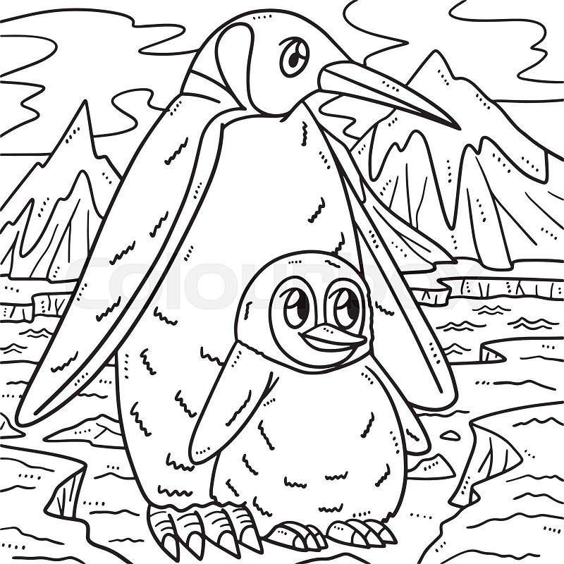 Mother penguin and baby penguin coloring page stock vector
