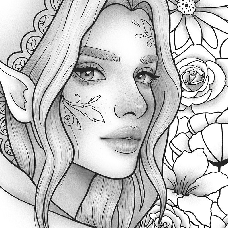 Printable coloring page fantasy floral girl portrait