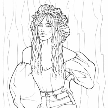 Beautiful ukrainian girl line art for adult coloring coloring page vector
