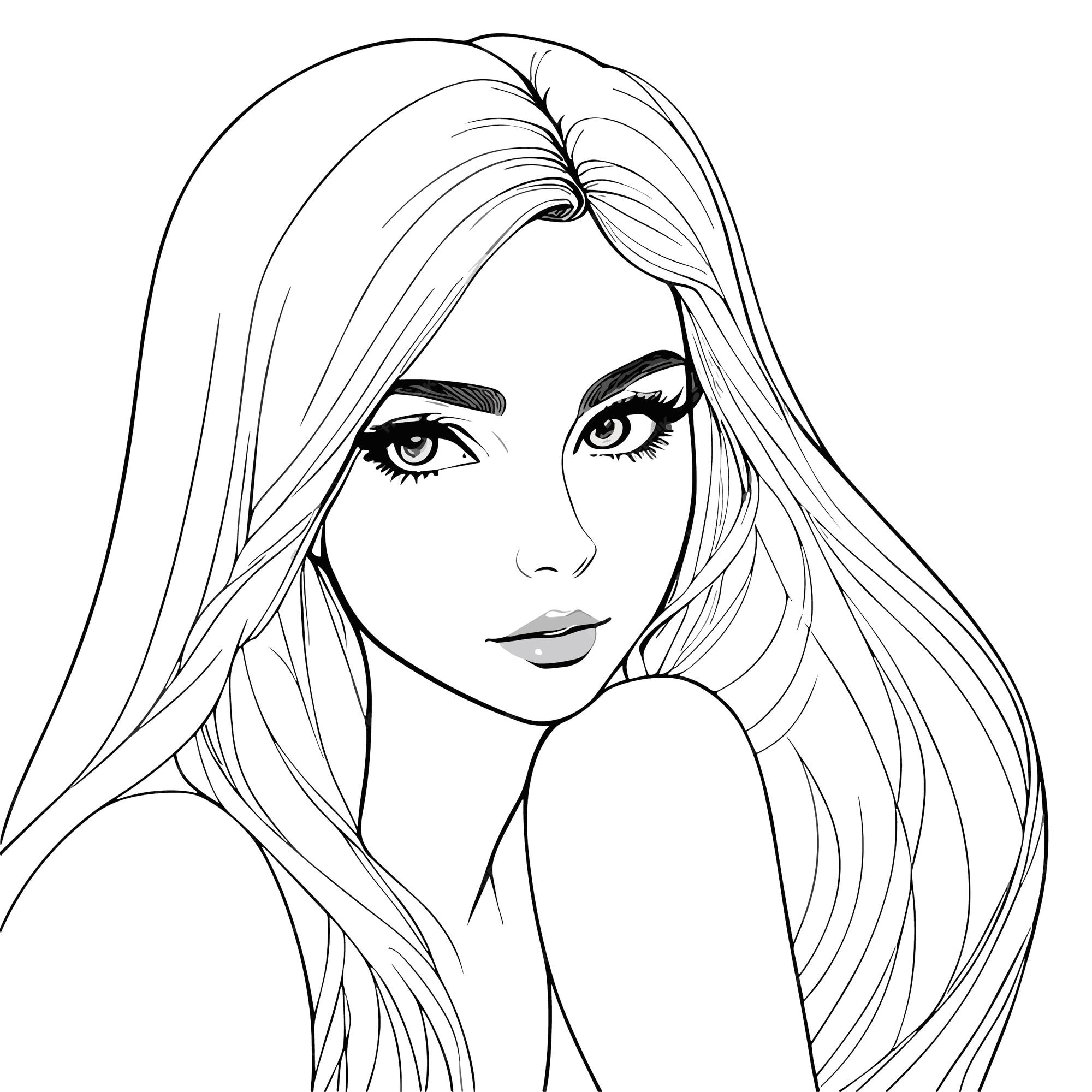 Premium vector a woman with long hair and a black and white drawing of a woman with long hair