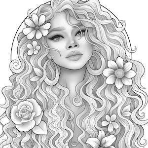 Printable coloring page fantasy character black girl portrait