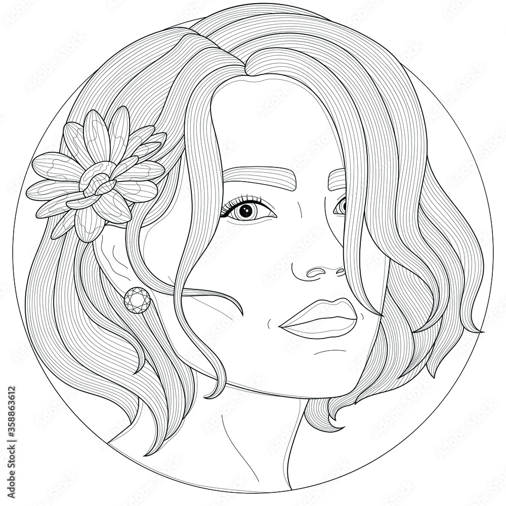 Girl with a camomile behind her earcoloring book antistress for children and adults illustration isolated on white backgroundblack and white drawingzen