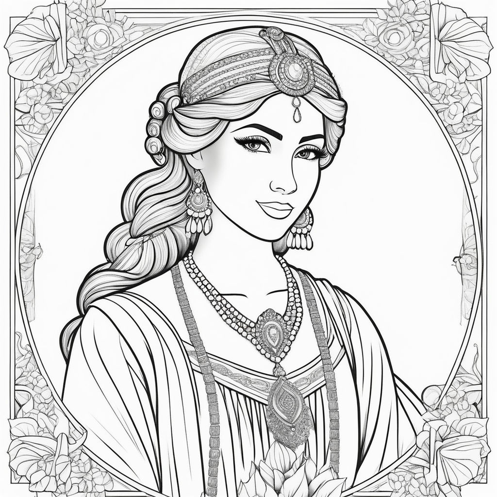 White coloring page of a mayan princess