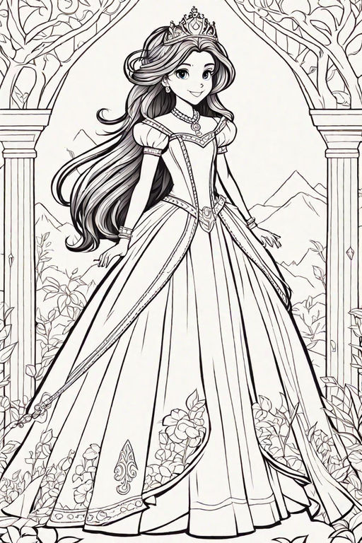 A stunning white ink drawing coloring page of cartoon princess
