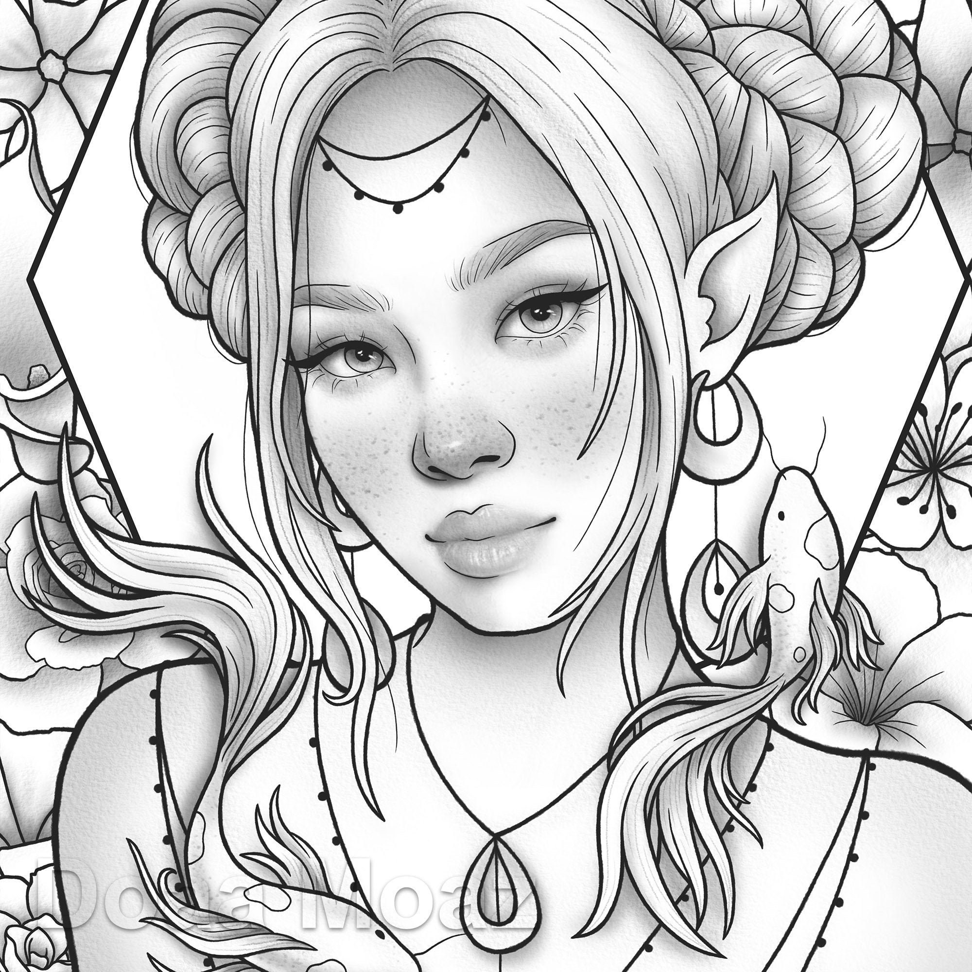 Printable coloring page korean girl floral fantasy portrait
