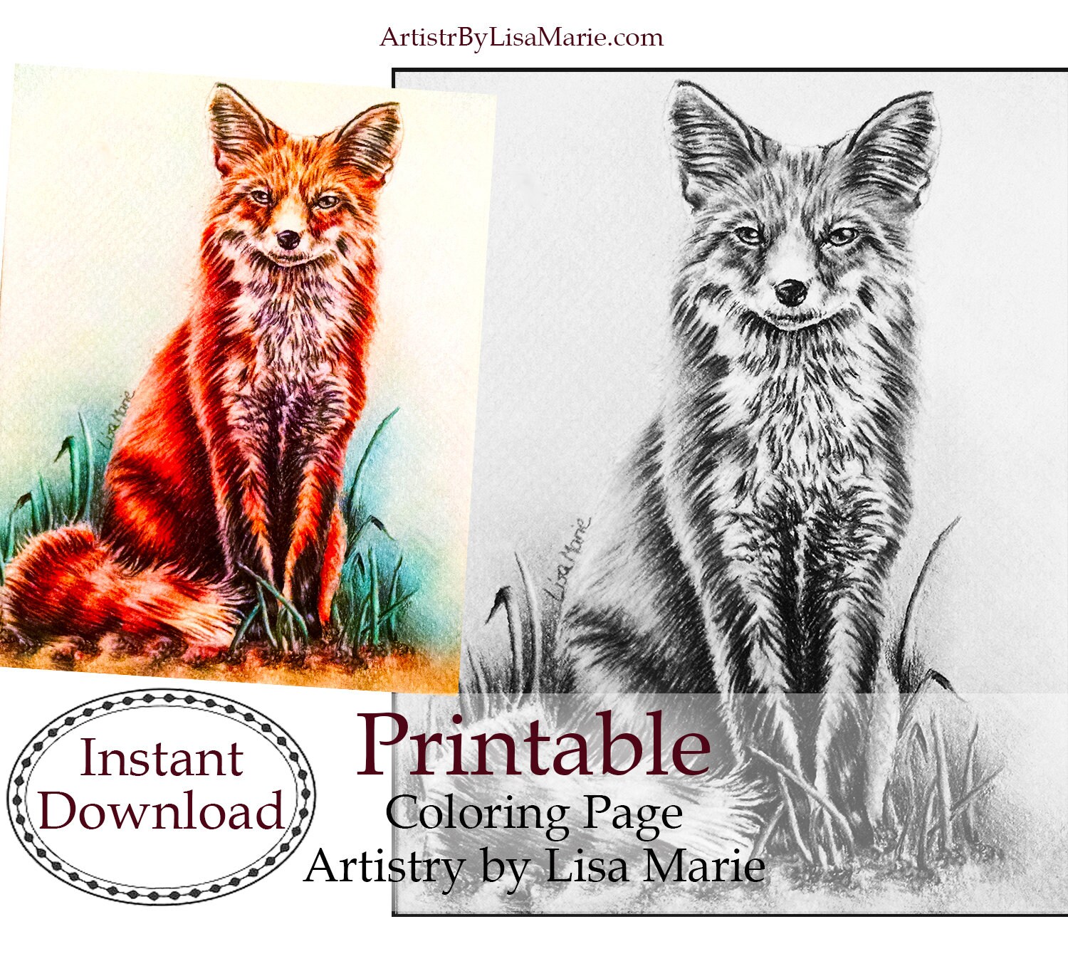 Fox animal coloring book page grayscale adult coloring book coloring page adult coloring page printable best selling fox art