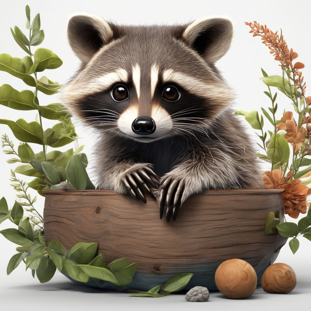 D outline simple vector monochrome picture despicting a cute racoon in a natural enviroment for a coloring book
