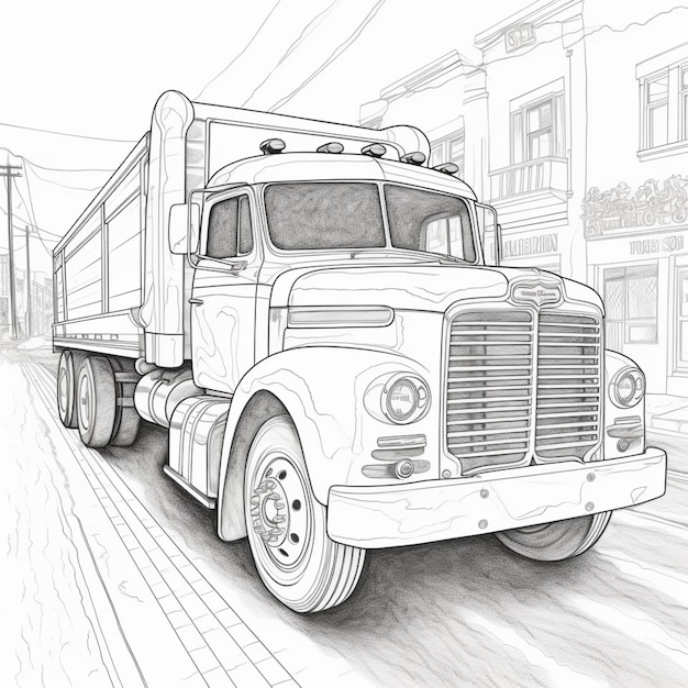 Premium ai image coloring pages of a truck on the road with buildings in the background generative ai