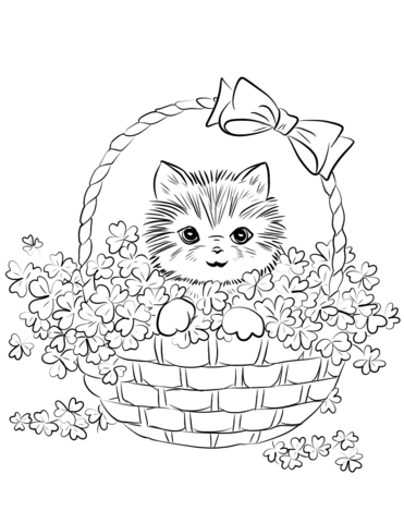 Cute kitten in basket of shamrock coloring page free printable coloring pages