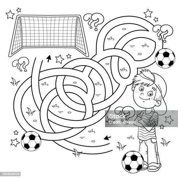 Maze or labyrinth game puzzle tangled road coloring page outline of cartoon boy with soccer ball football sport activity coloring book for kids stock illustration