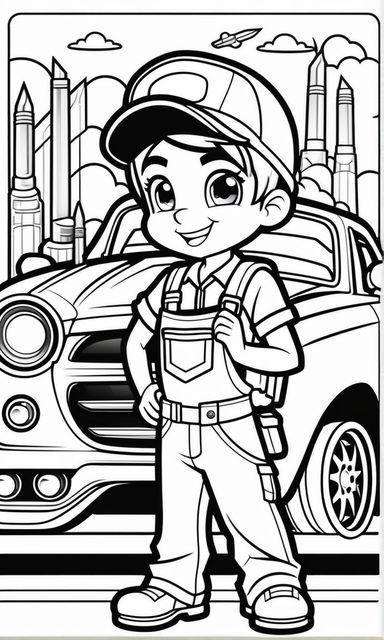 Coloring book page of a boy playing soccer
