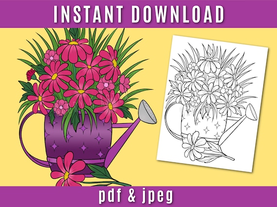 Spring bouquet coloring page printable adult coloring page instant download pdf daisy vase floral flowers realistic pretty