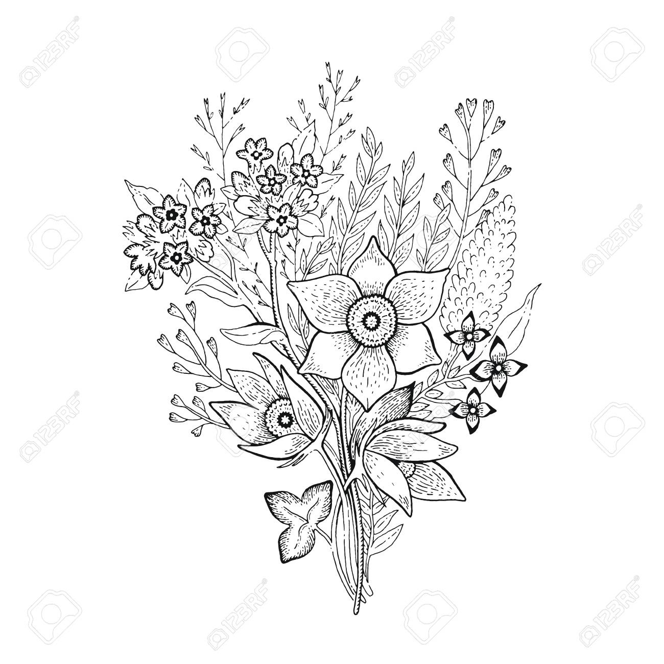 Spring flower bouquet sketch floral illustration hand drawn vector silhouette graphic for coloring book t