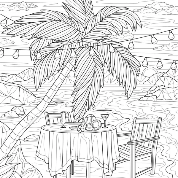 Girl dress beach palm trees coloring book antistress children adults vektor av vlasenkoekaterinkagmail