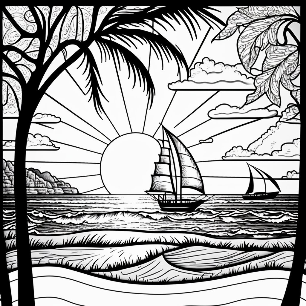 Beach scene coloring pages bundle png digital download pages beach sunset sailboat black and white coloring pages