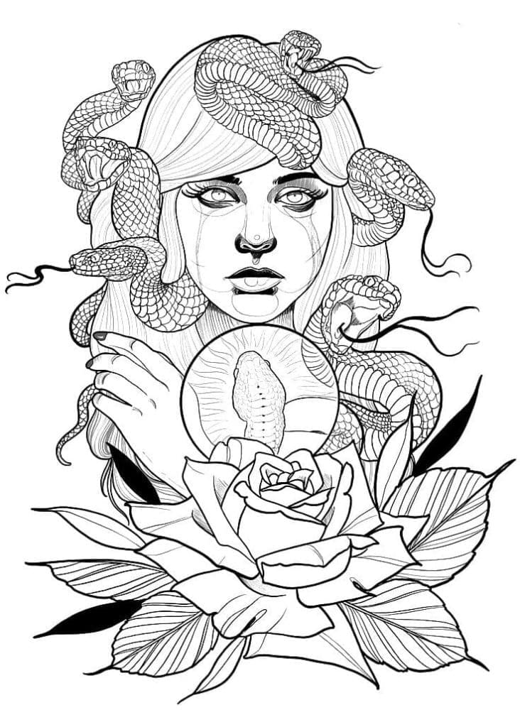 Girl and snake tattoo coloring page
