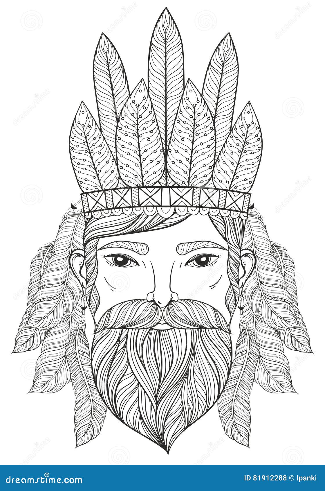 Vector zentangle portrait of man with mustache beard war bonnet with feathers for adult coloring pages tattoo art ethnic stock vector