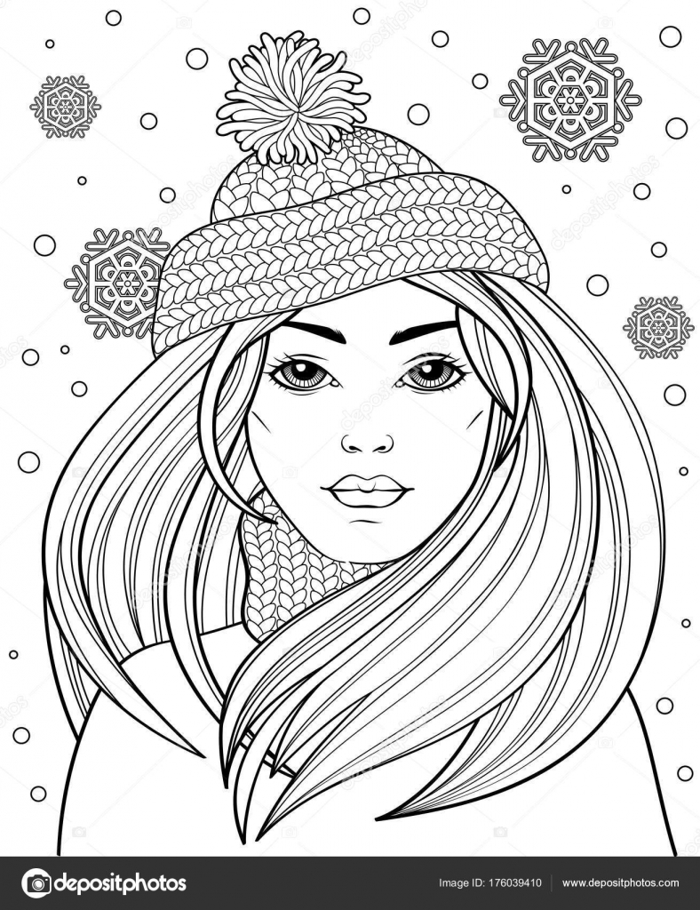 Young beautiful girl long hair knitted hat tattoo adult antistress stock vector by alka